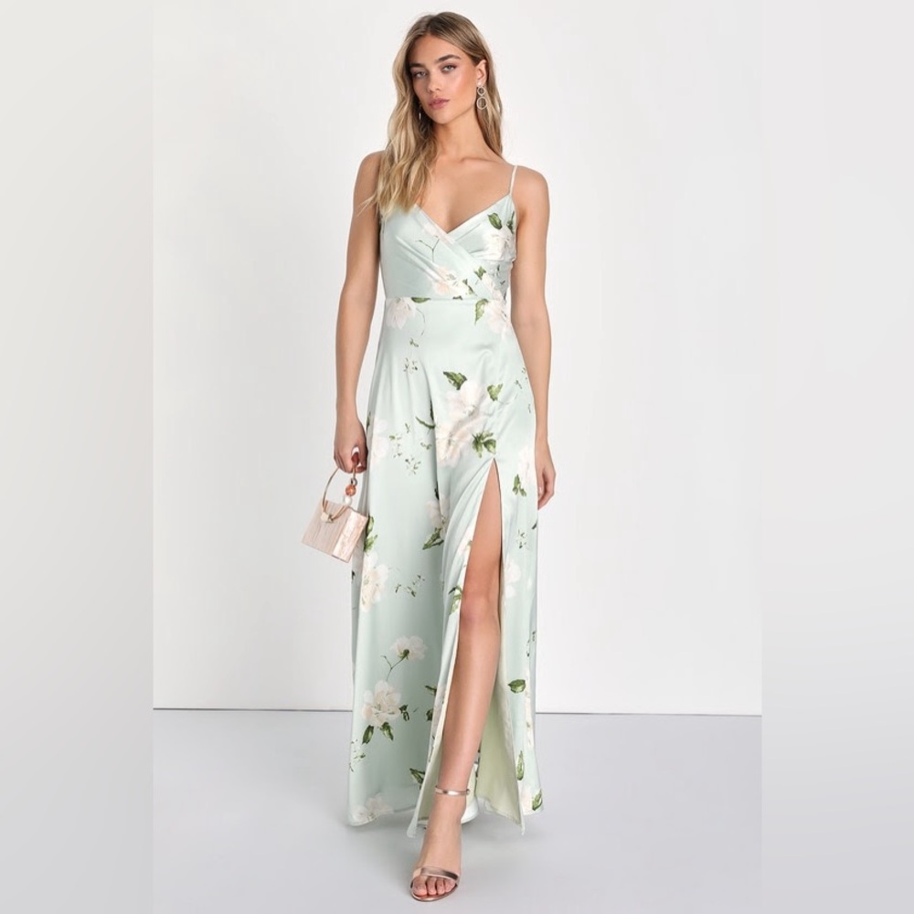 Lulus Radiant Occasion Light Green Floral Satin A-Line Maxi Dress